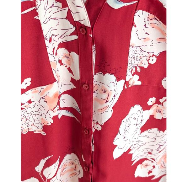 Candies Red Floral Button Up Collard Blouse With Rolled Sleeves XL - Picture 3 of 9